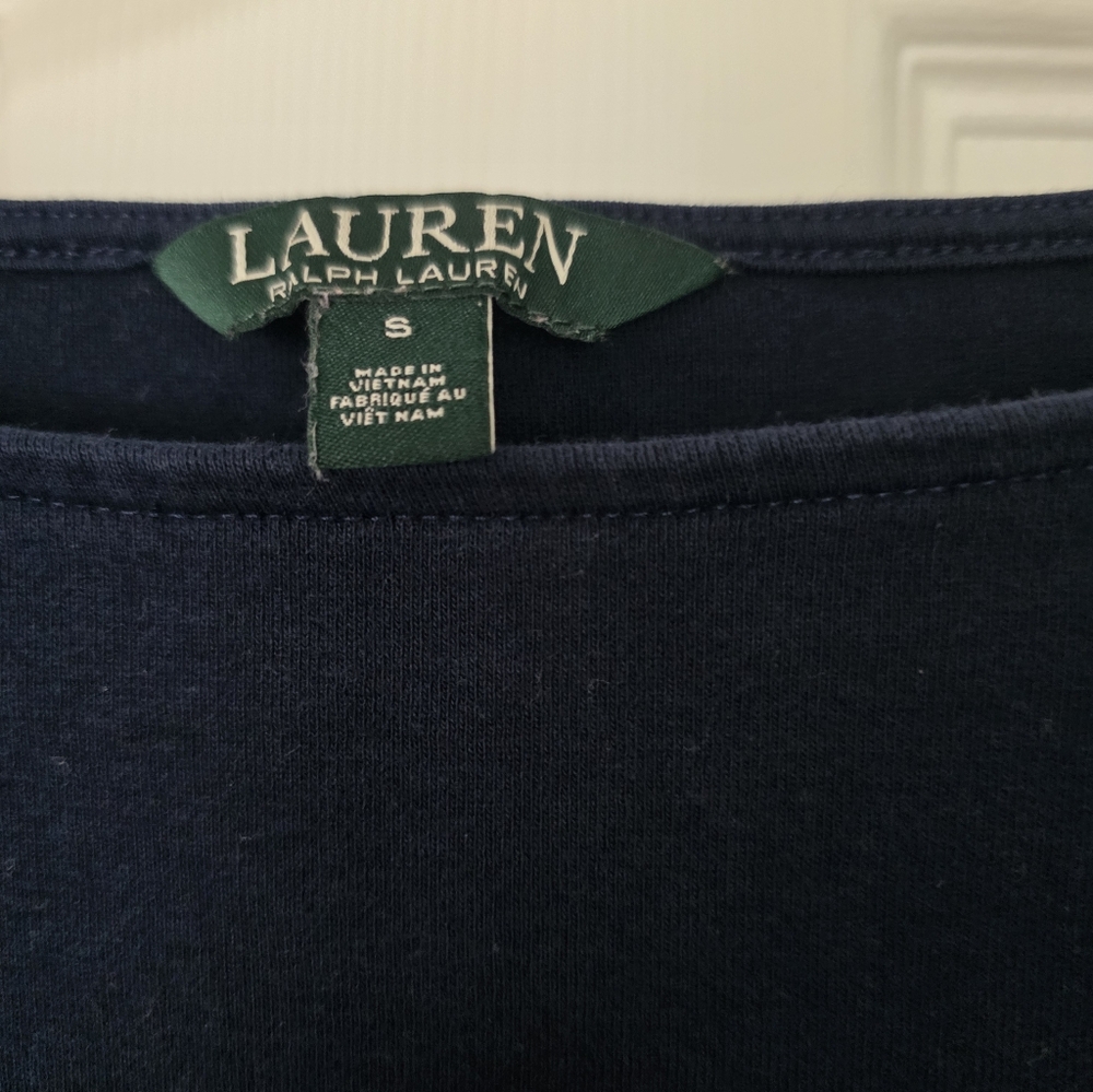 Lauren Ralph Lauren Navy 3/4 Sleeve Boatneck Top With Ruffled Sleeve Hem Size S - Picture 2 of 6
